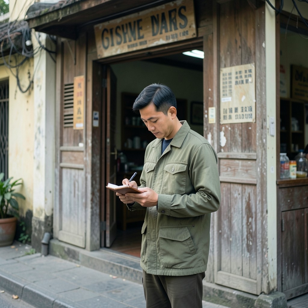 Field researcher jotting notes near a neighborhood shop entrance in soft morning light