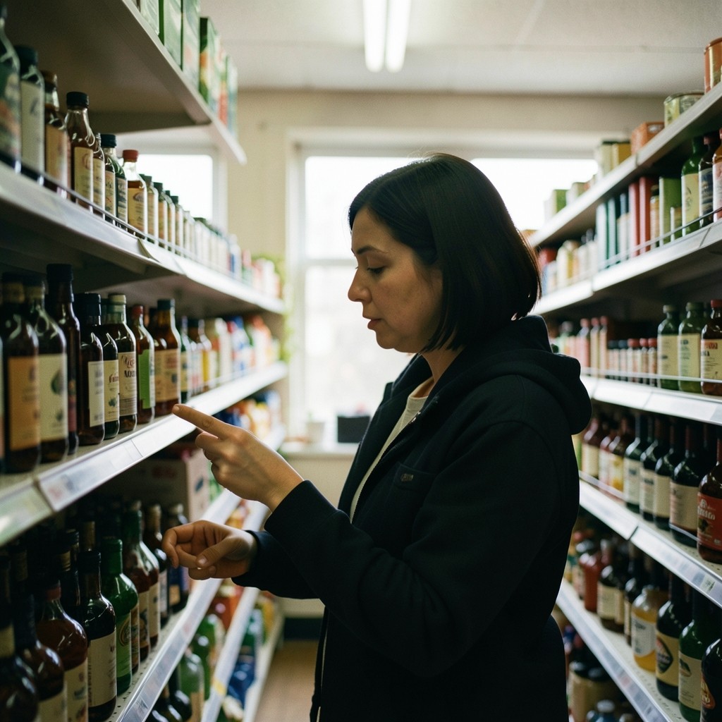 Shopper pausing mid-aisle in a small grocery store examining shelf labels