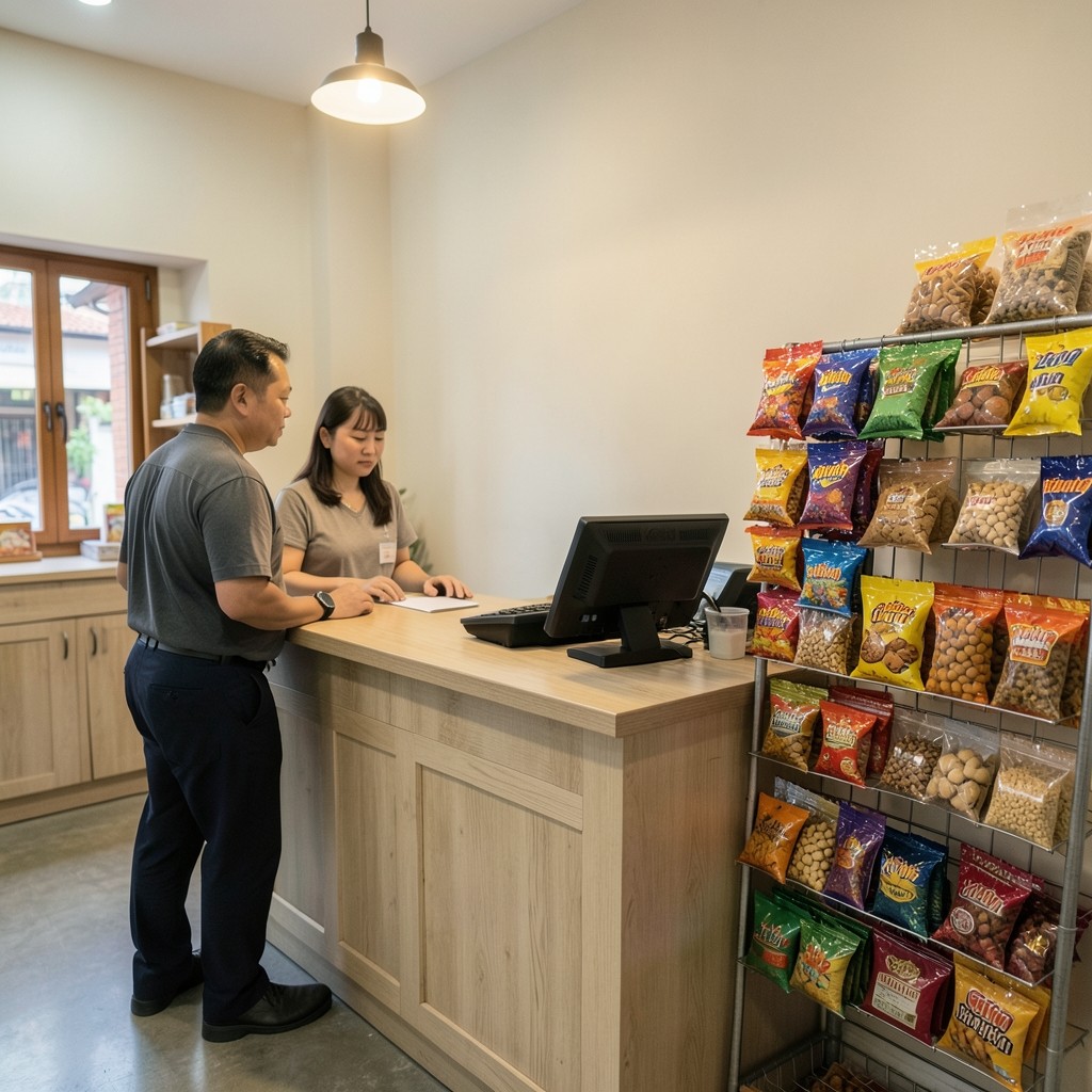 Customers waiting at a small store checkout counter with impulse items nearby