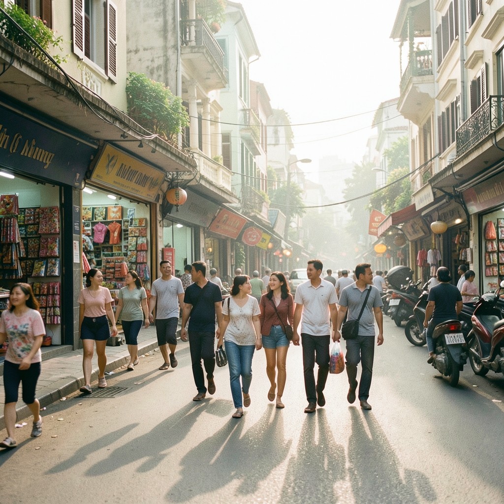 Weekend shoppers walking along a busy Hanoi neighborhood retail street