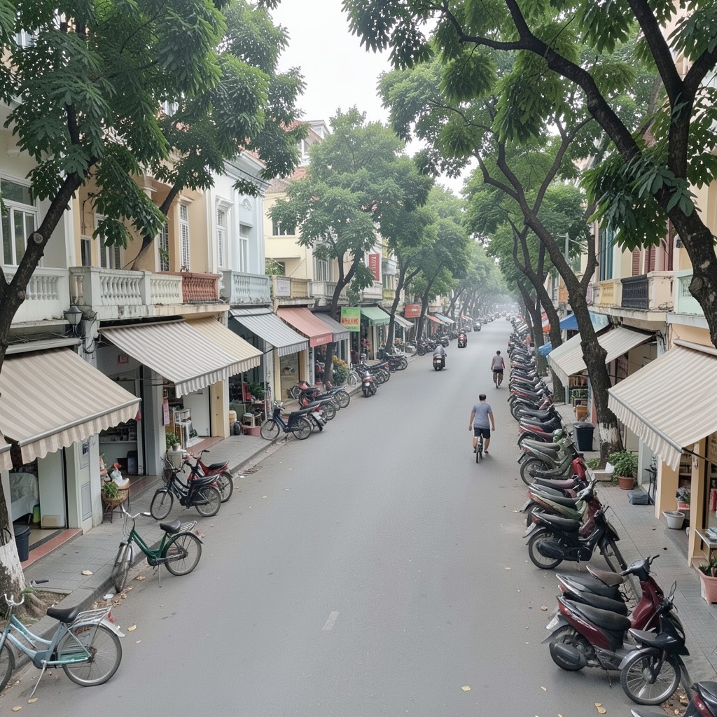 Tree-lined neighborhood street in Hanoi with small shopfronts and morning foot traffic