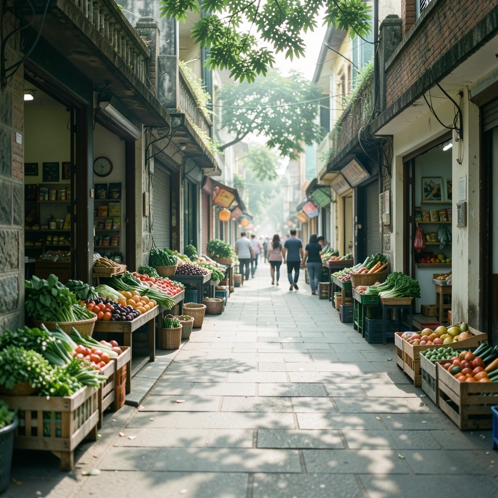 Quiet morning along a Hanoi neighborhood retail street with shopfronts opening for the day