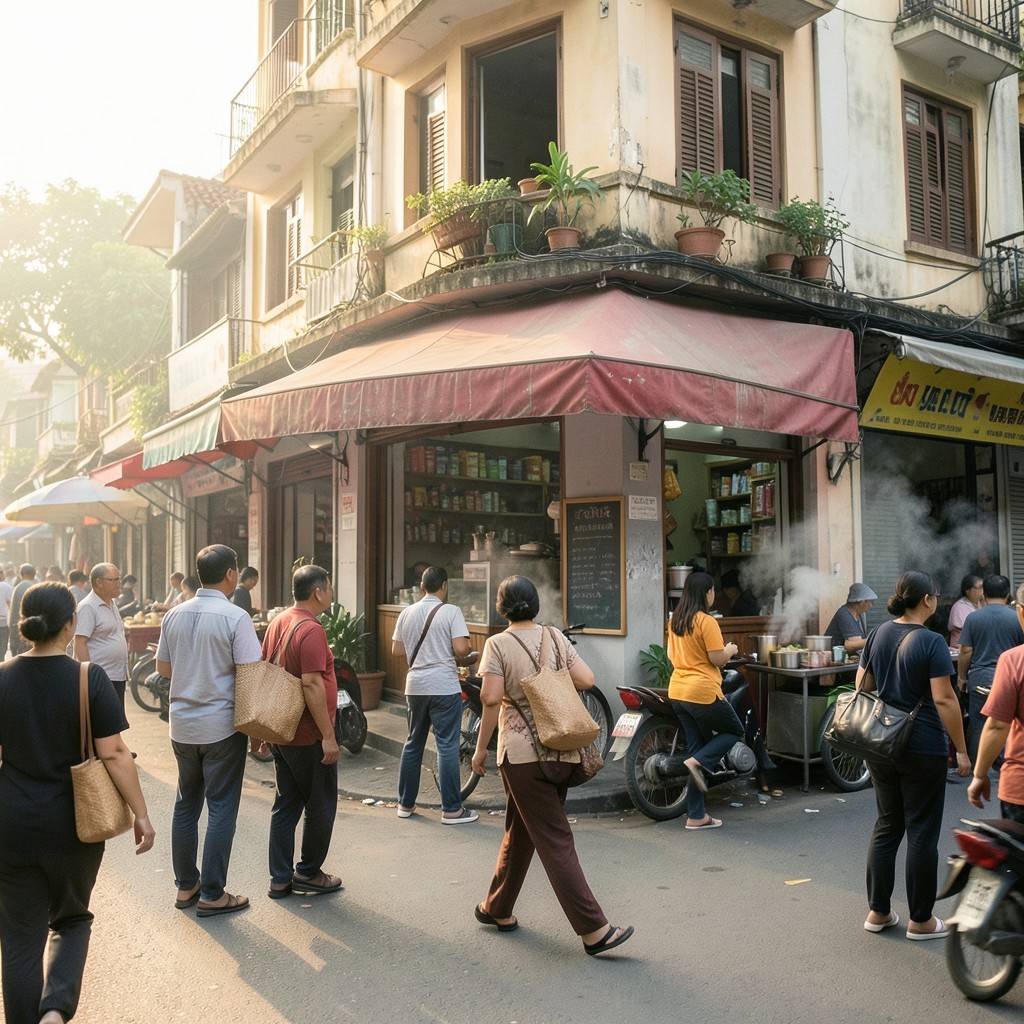 Early morning crowd outside a neighborhood grocery storefront in Hanoi