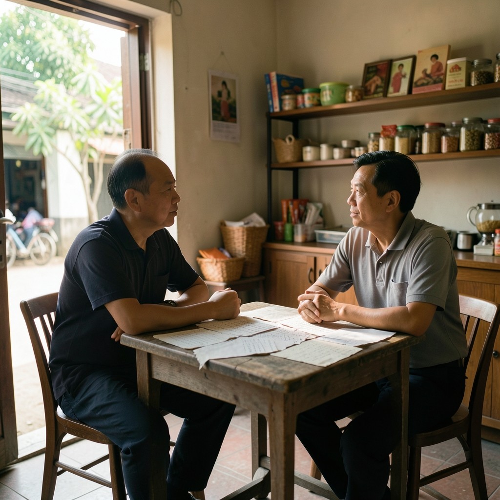 Shop owner and field researcher reviewing handwritten notes at a small table near the counter