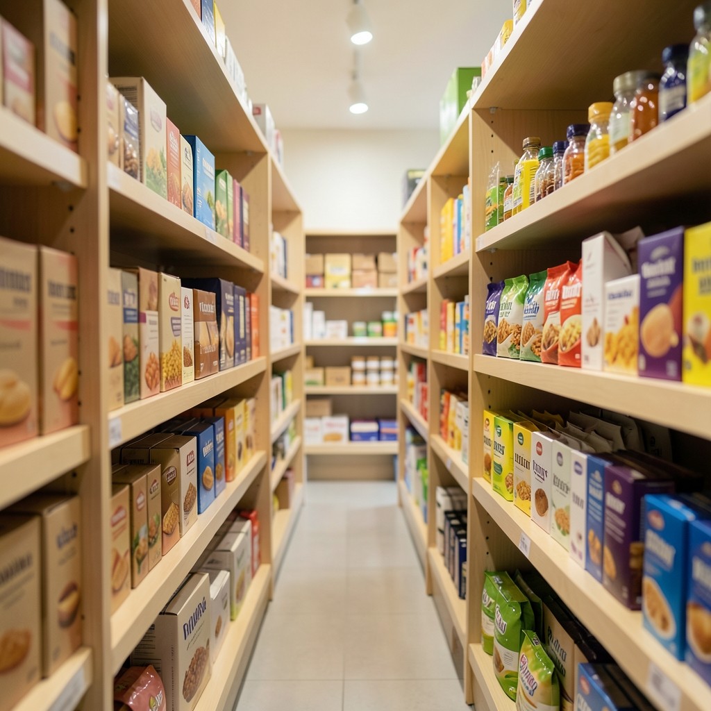 Store shelves viewed at shopper eye level with products arranged along a narrow aisle