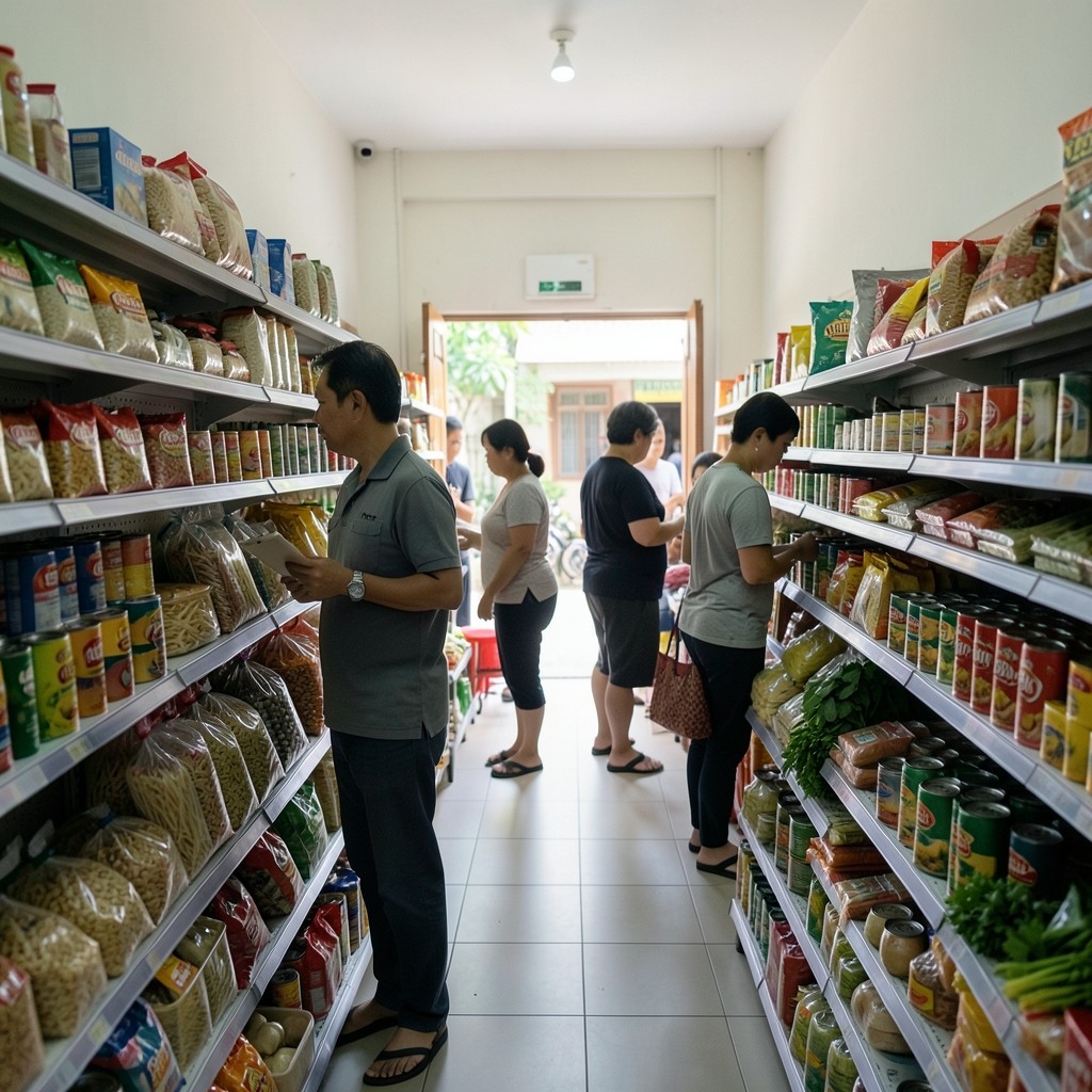 Researcher with a field notebook observing shoppers along a neighborhood store aisle